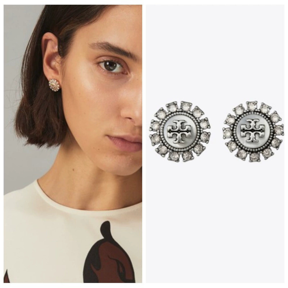Tory Burch Vintage Silver Gray Shell Crystal Sunflower Earrings